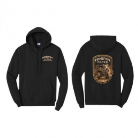 Front and back of black hoodie with badge design